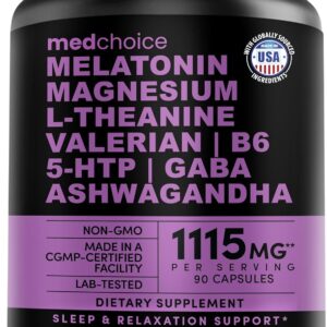 12-in-1 Melatonin Sleep Capsules - Natural Sleep Aids for Adults with Melatonin 5mg and Magnesium Glycinate 500mg, Sleep Aid with Ashwagandha, L Theanine, Valerian Root, GABA, 5-HTP (90ct, Pack of 1)
