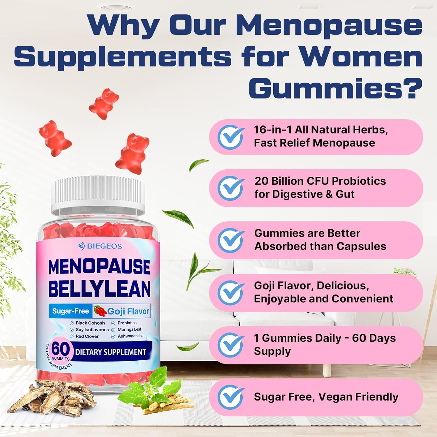 Menopause Supplements for Women Gummies, 16-in-1 Probiotic, Black Cohosh & Ashwagandha for Menopause Relief, Hot Flashes, Hormone Harmony, Mood Swings, Belly Burner* & Gut, Sugar-Free - 60 Gummies - Image 6