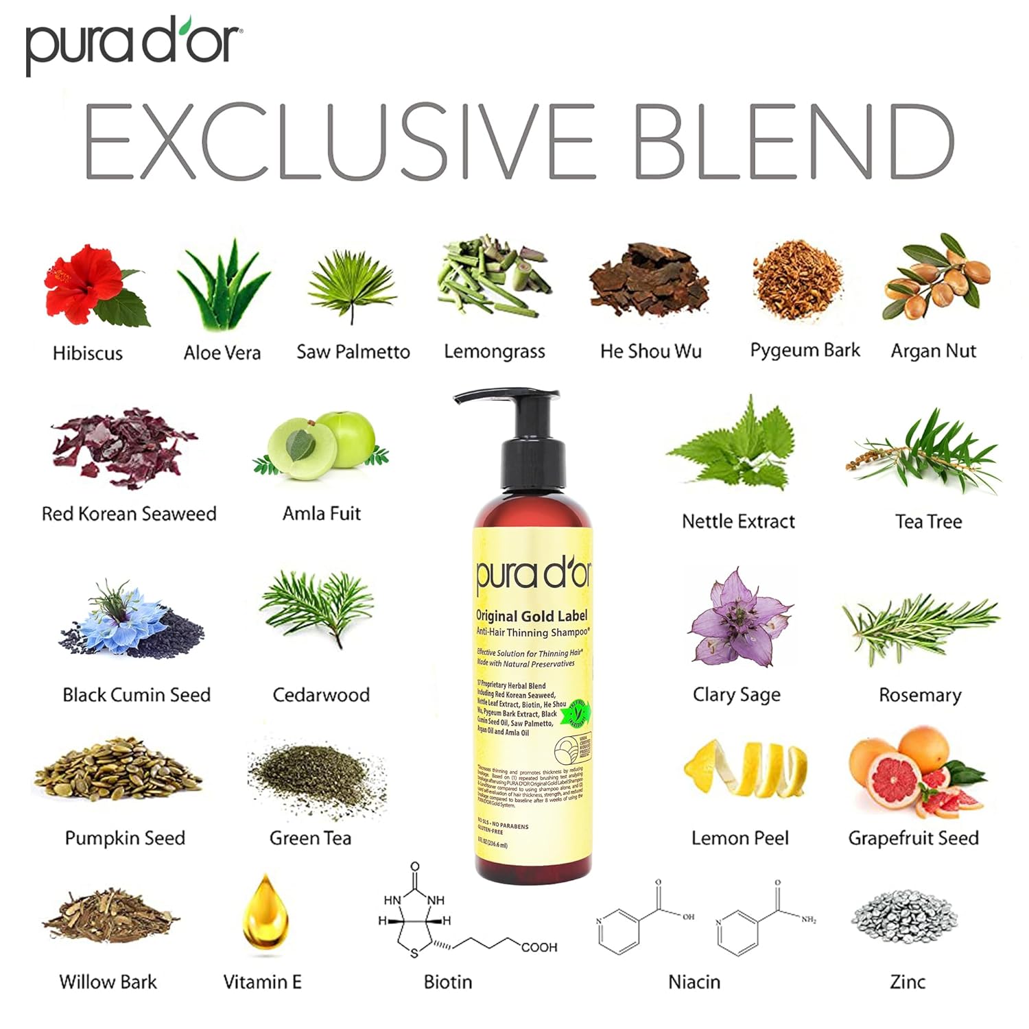 PURA D'OR 8 Oz Original Gold Label Anti-Thinning Biotin Shampoo Natural Earthy Scent, CLINICALLY TESTED Effective Results, Herbal Blend Hair Thickening Products, Women & Men, Color Treated Hair - Image 3