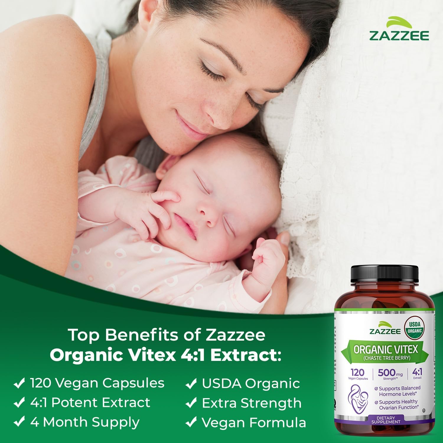 Zazzee USDA Organic Vitex 4:1 Extract, 120 Vegan Capsules, 4 Month Supply, Chaste Berry, Hormonal Balance & Cycle Support for Women, Certified Kosher, Vitex Agnus-Castus, Non-GMO, Made in the USA - Image 4