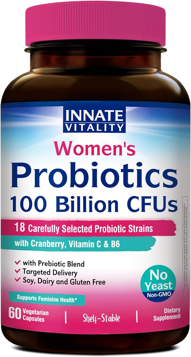 Innate Vitality Probiotics for Women, 100 Billion CFUs 18 Strains, Prebiotics and Probiotics, with Cranberry, Vitamin C & B6 P5P, Vaginal & Digestive Health, Non refrigerated, 60 Caps