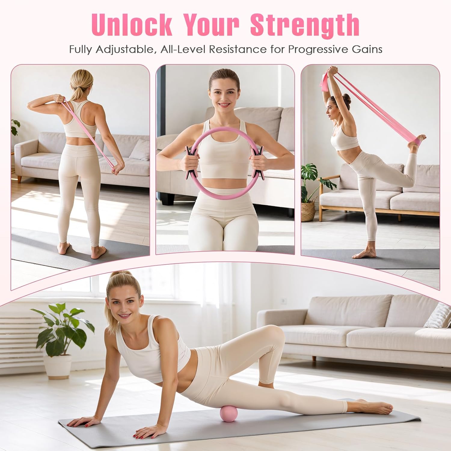 Pilates Kit, Pilates Equipment for Home Workouts, Home Pilates Essentials Kit for Women with Pilates Ring and Ball Set, Socks, ankle resistance bands with cuffs, Resistance Band and Massage ball - Image 6
