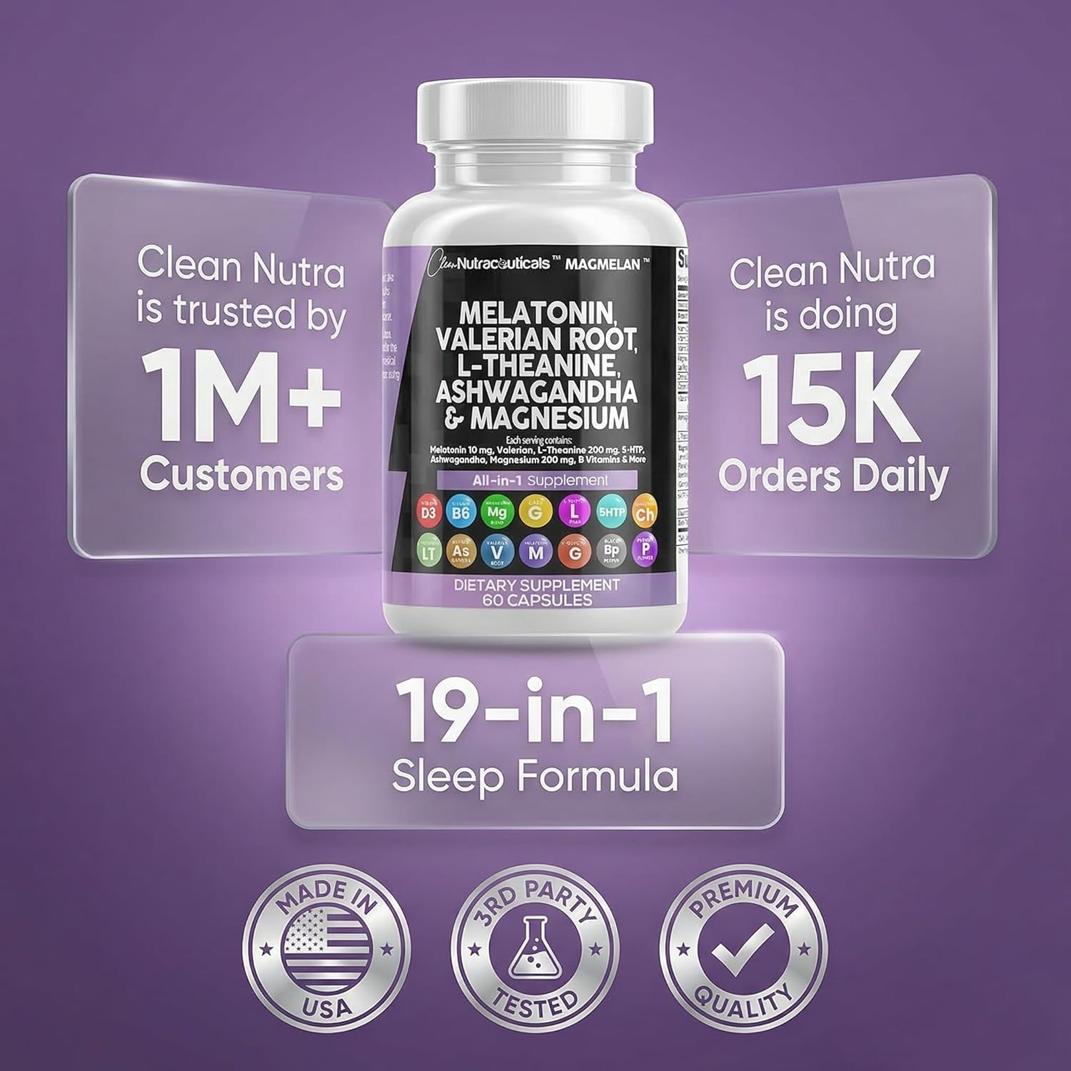 Clean Nutraceuticals Melatonin 10mg Valerian Root L Theanine 200mg Ashwagandha - Sleep Support for Women & Men with Magnesium Complex, Lemon Balm, Chamomile, & Passion Flower - 60 Caps - Image 8