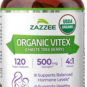 Zazzee USDA Organic Vitex 4:1 Extract, 120 Vegan Capsules, 4 Month Supply, Chaste Berry, Hormonal Balance & Cycle Support for Women, Certified Kosher, Vitex Agnus-Castus, Non-GMO, Made in the USA