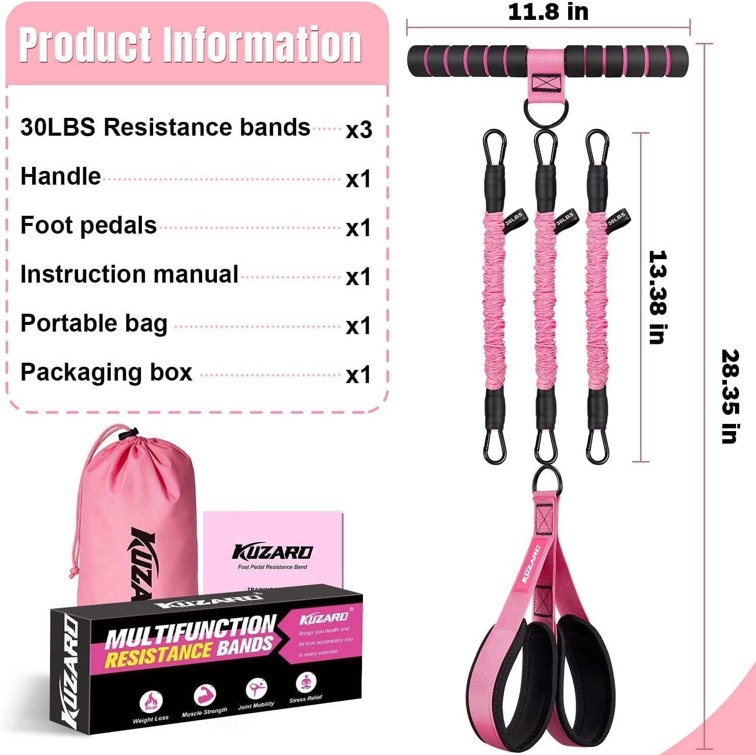 KUZARO Upgraded Multifunction Pedal Resistance Band with Handle, 3 Tube Adjustable Resistance Bands for Abdomen, Waist, Arm, Core/ABS, Leg Workout - Sit Up Exercise Equipment for Women - Image 7