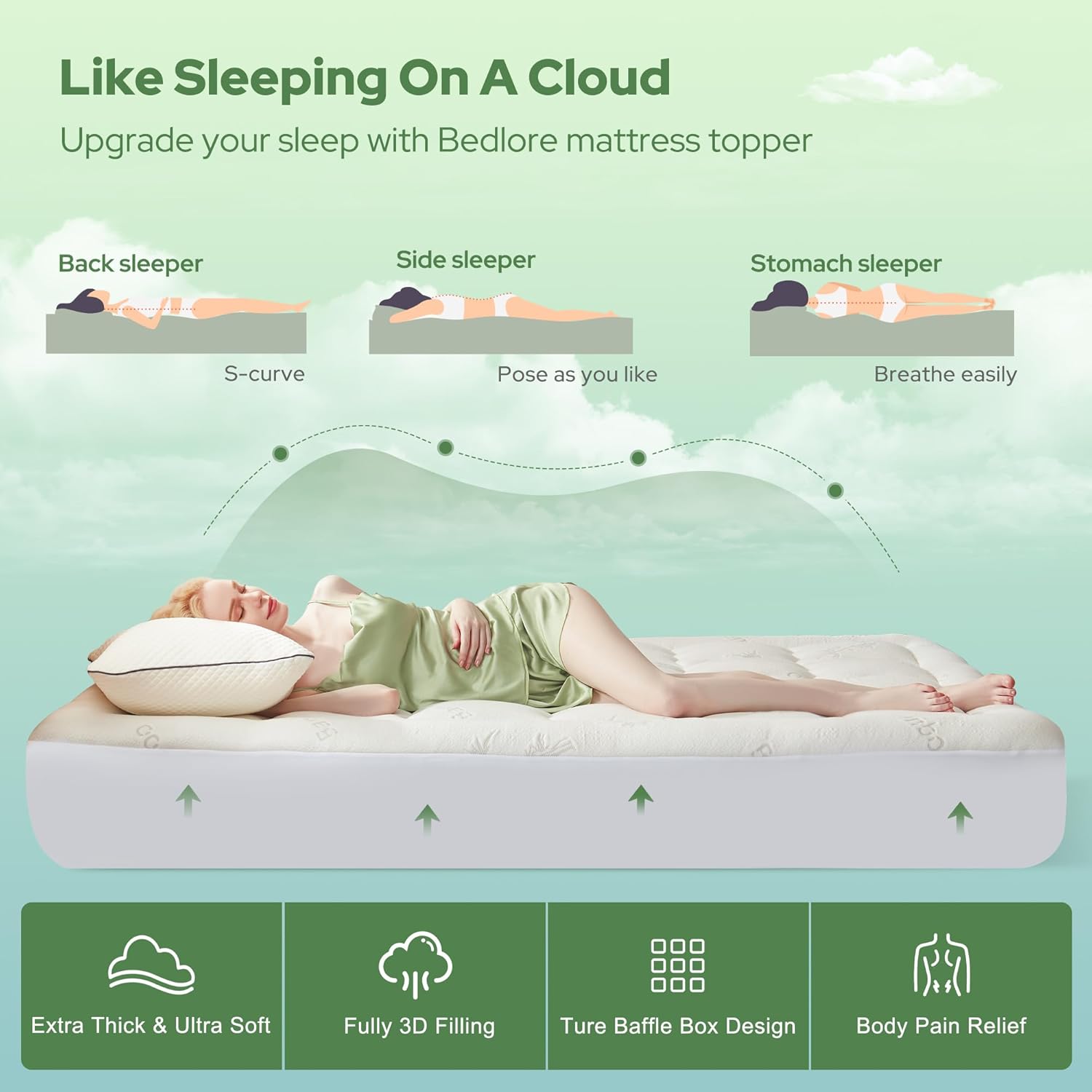 BEDLORE Queen Mattress Topper Viscose Derived from Bamboo, Thick Pillow Top Mattress Pad with Stretchable Pockets for 6-18 inches Mattress, Soft Breathable Mattress Topper for Back Pain Relief - Image 4