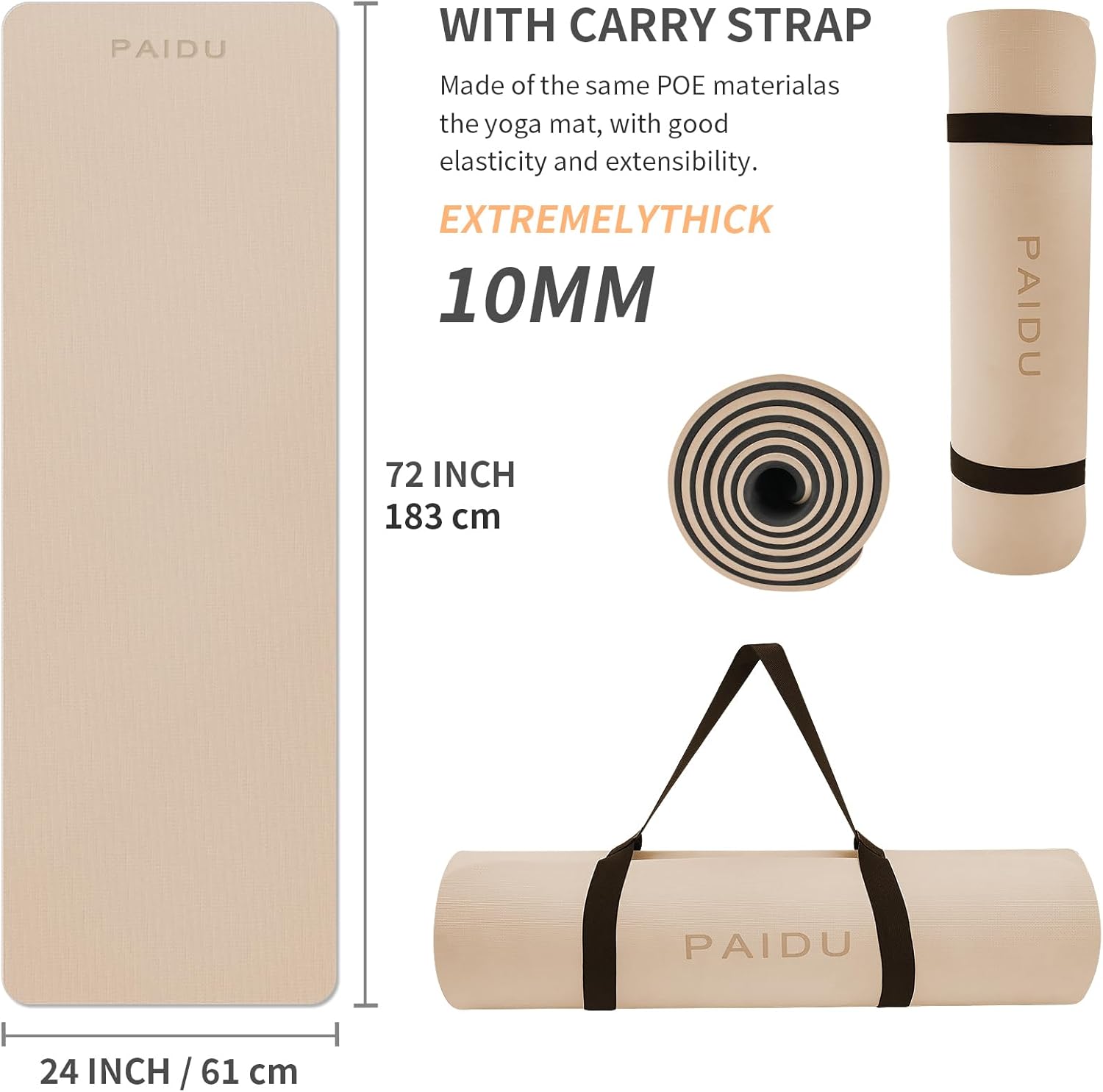 PAIDU Yoga Mat Non Slip Anti-tear,extra thick-2/5 inch(10MM)High Resiliency Professional POE Yoga Mats for Women Men Kids,72"x24"inch,Workout, Yoga, Pilates and Floor Exercise, with Carrier Strap - Image 2
