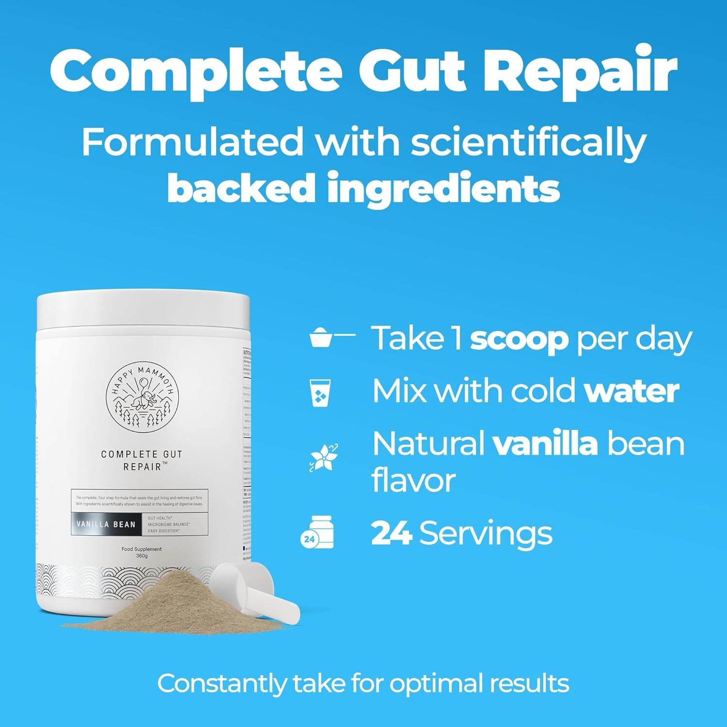 Happy Mammoth Complete Gut Repair Probiotic, Prebiotic, Fiber & Collagen Supplement for Gut Health, Digestion, Healthy Gut Microbiome, Reduces Constipation & Bloating 24 Servings, Vanilla Flavor - Image 3