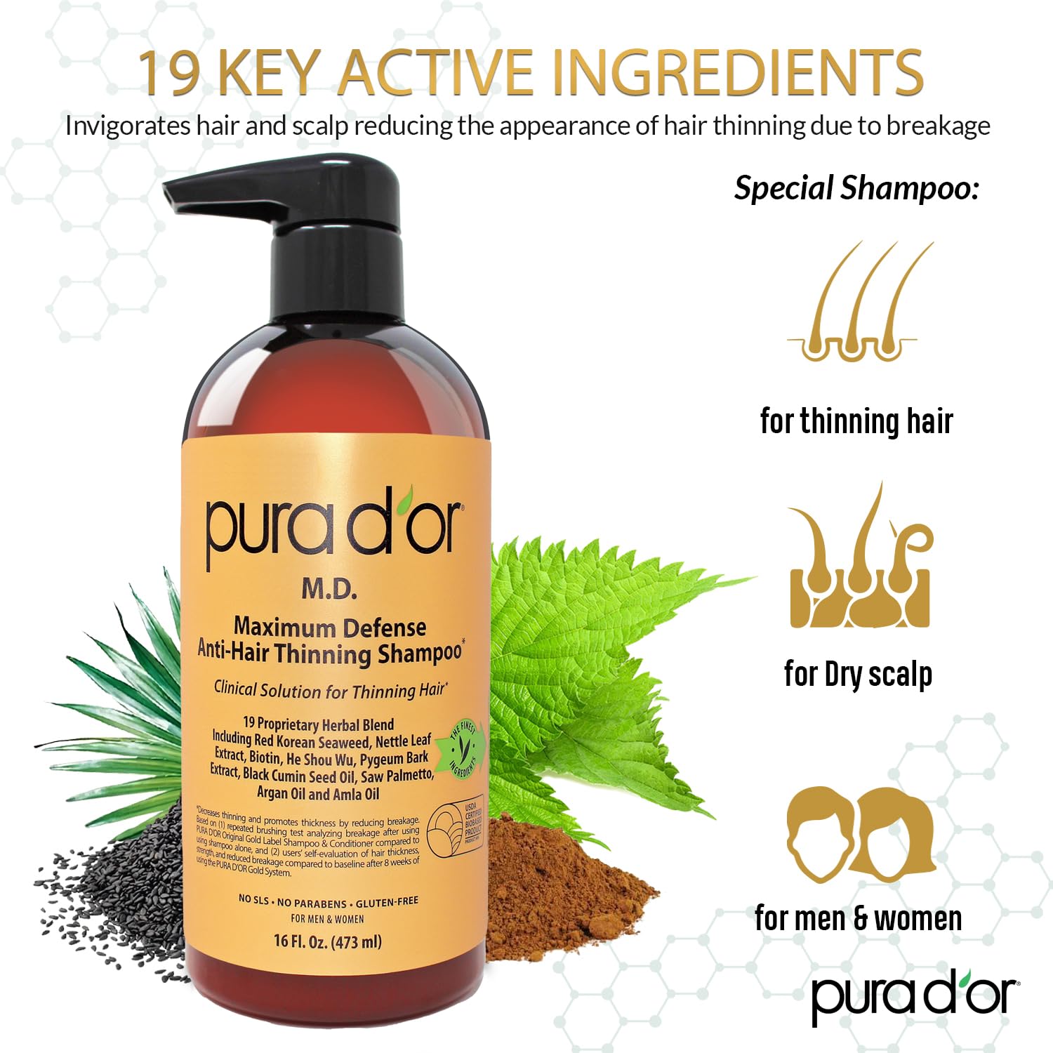 PURA D'OR 16 Oz MD Anti-Hair Thinning Maximum Defense Shampoo - 0.5% Coal Tar, Biotin, Proprietary Herbal Blend For Dry & Itchy Scalp, No Sulfates - For Men & Women - Image 2