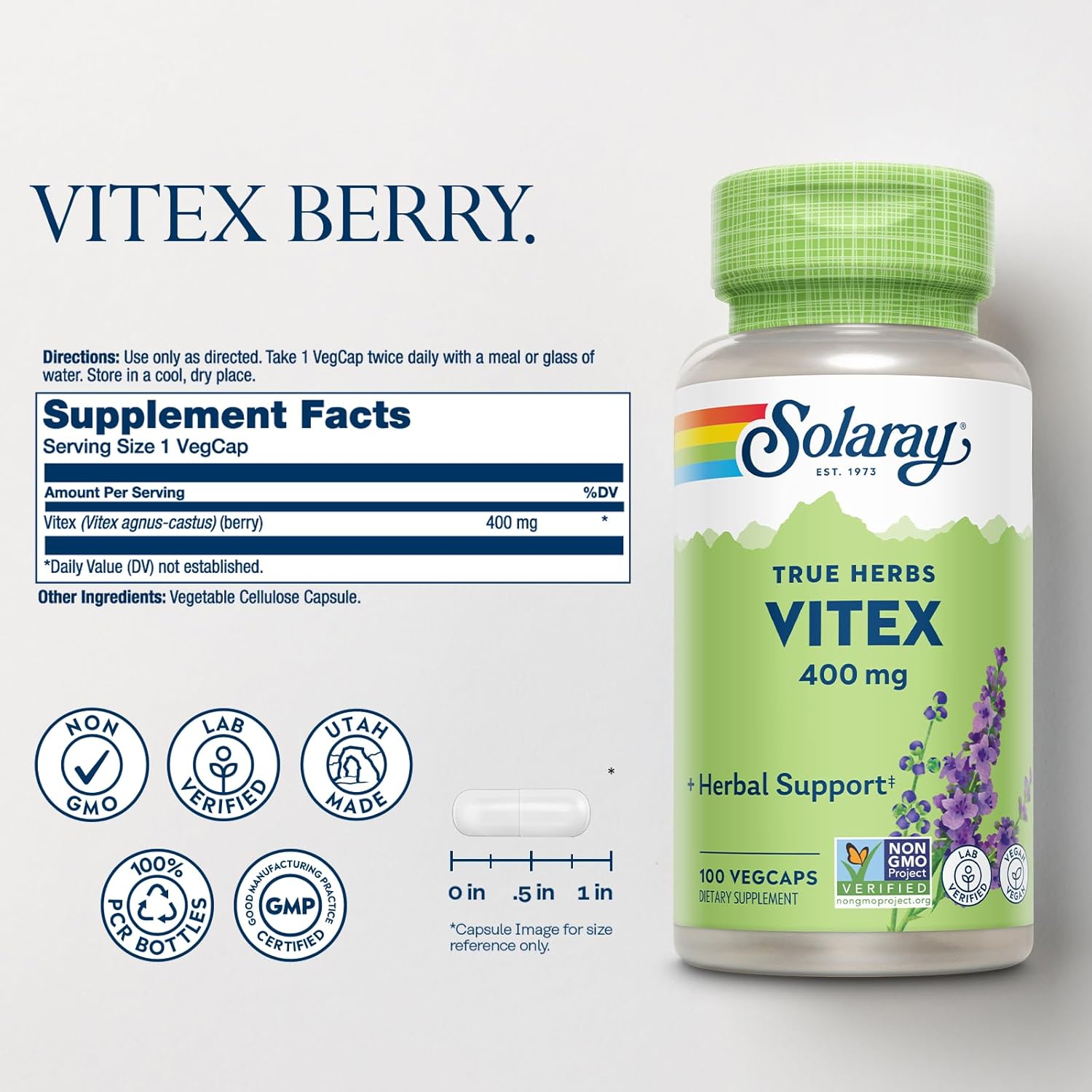 SOLARAY Vitex Berry 400mg | Womens Healthy Hormone Balance Formula | Menstruation & Menopause Support, 100ct - Image 2