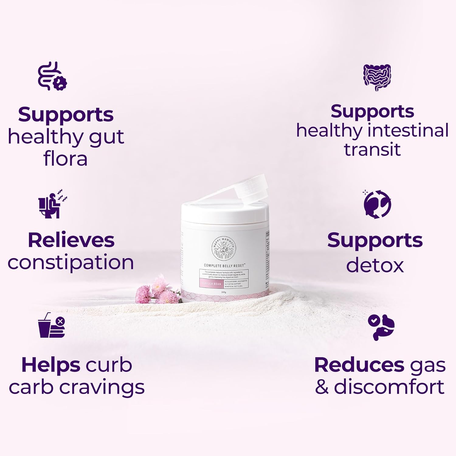 Happy Mammoth Complete Belly Reset Digestive Health Supplement Powder for Men & Women, Supports Gut Health, Reduces Bloating & Gas, Promotes Bowel Regularity, 24 Servings Vanilla Flavor - Image 2