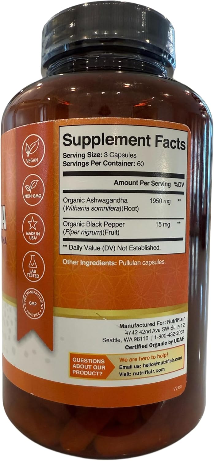 NutriFlair Organic Ashwagandha Root Extract - with Organic Black Pepper - Stress and Mood Support - Powerful Adaptogenic Benefits and Overall Health - Made in USA - Image 2