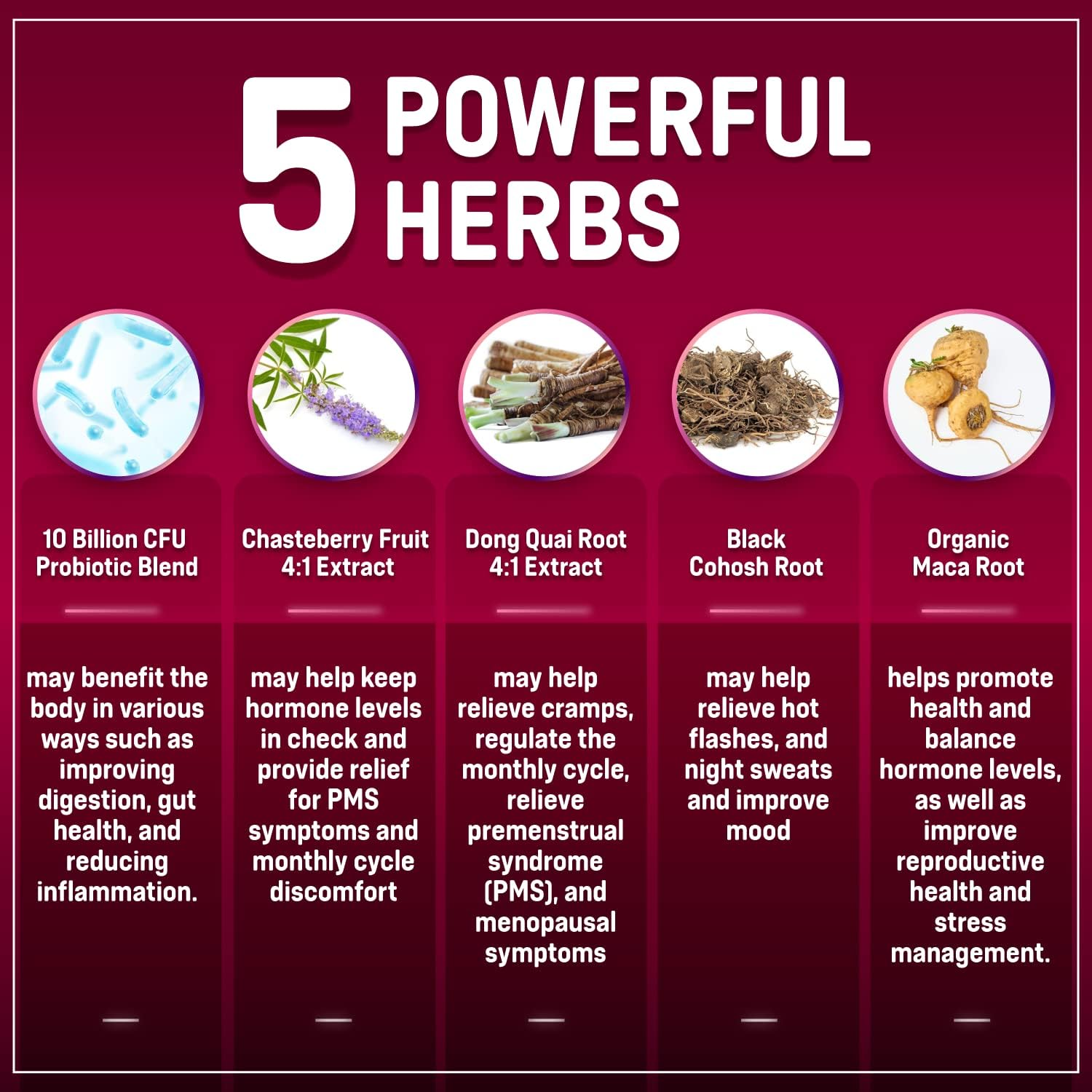Hormone Balance + Probiotics for Women- Natural Menopause Relief, Weight Management, Bloating, Hot Flashes, PMS | Organic Maca, Chasteberry, Dong Quai & Black Cohosh | Non GMO |120 V Capsules - Image 5