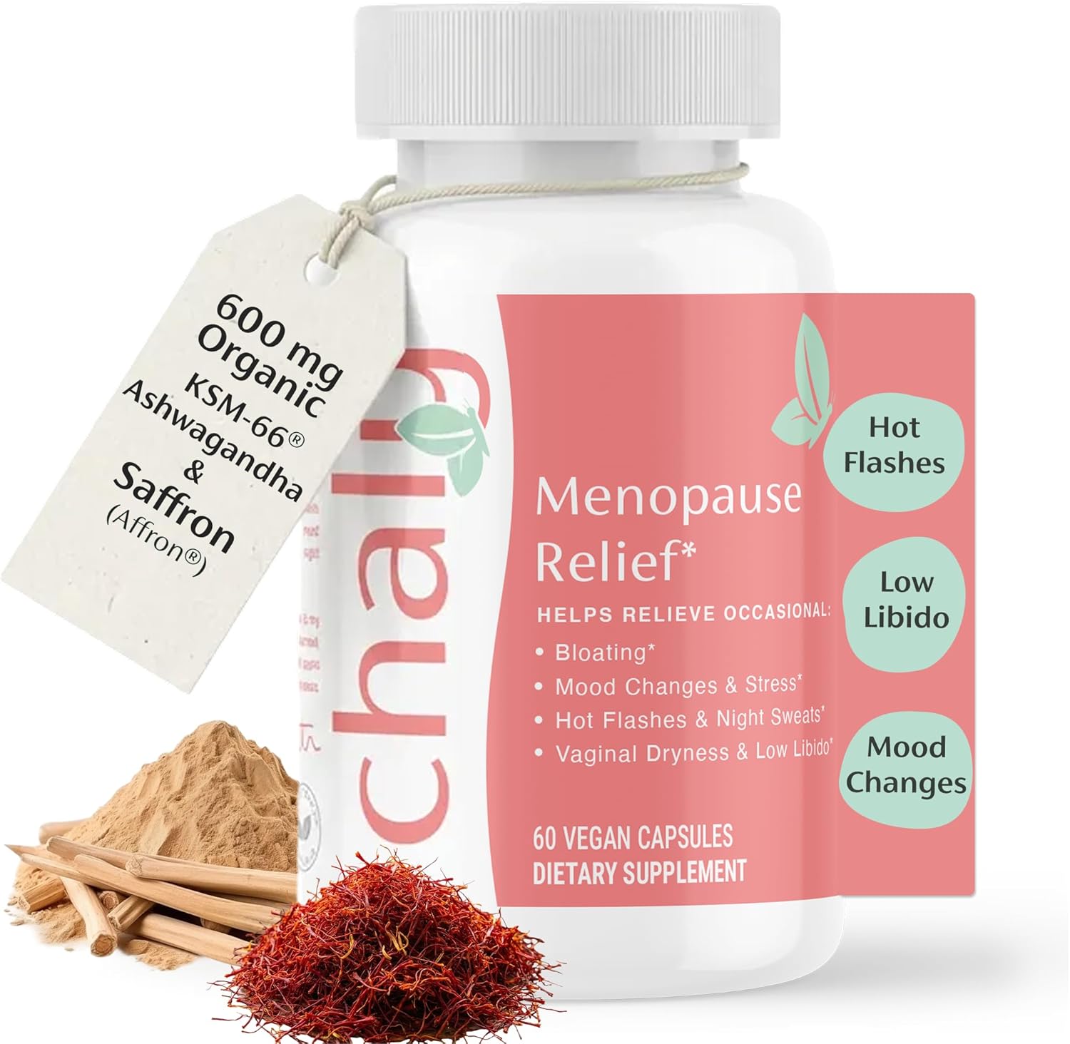 Chaly Menopause Supplements for Women with Ashwagandha KSM 66 and Saffron | Hot Flash, Bloating, Libido, Vaginal Dryness, Stress, and Mood Support Supplement | Menopause Relief Supplements | 60 Count