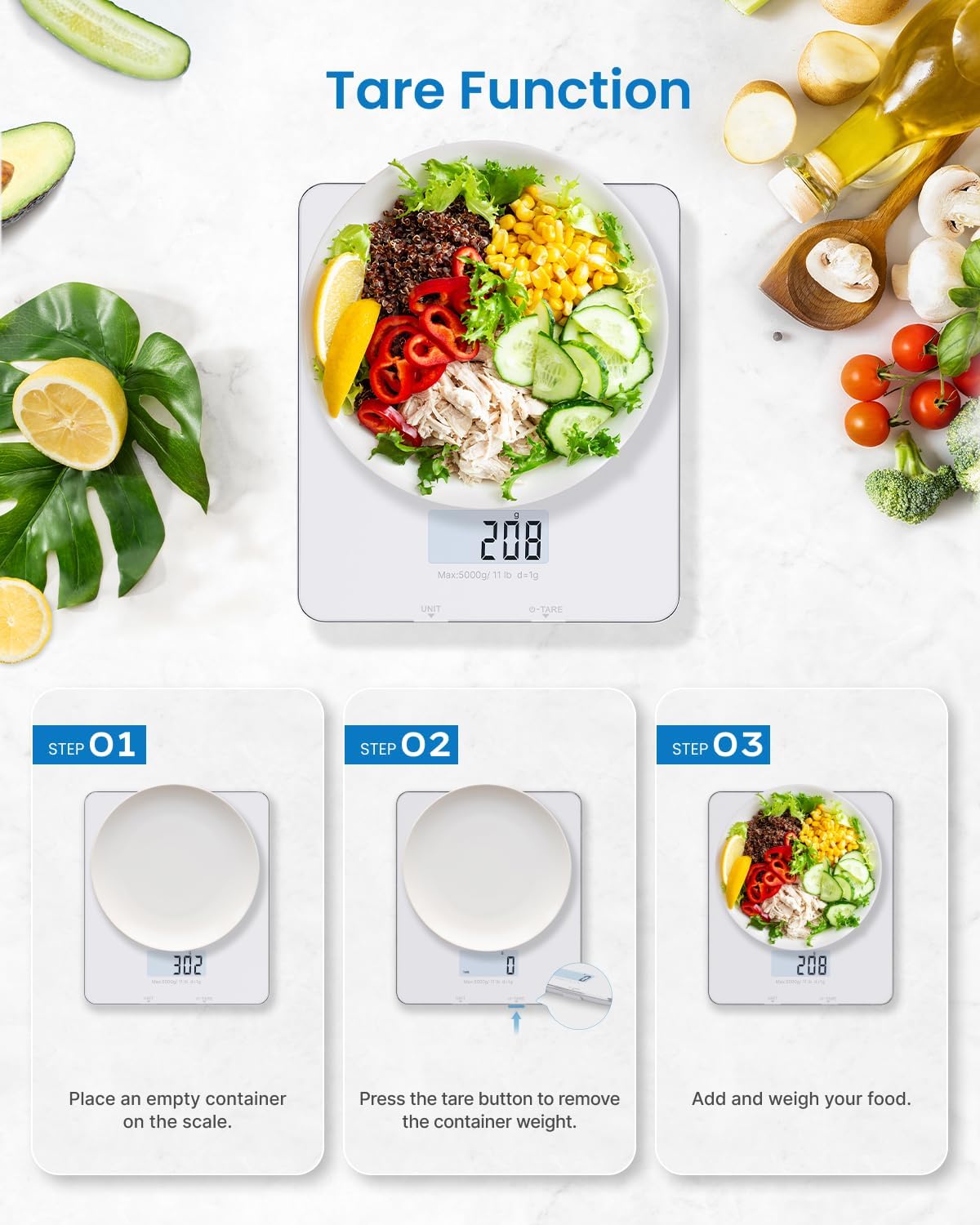 RENPHO Food Scale with Nutritional Calculator, Digital Kitchen Scale for Weight Loss, Smart Food Weight Scale with App for Macro Keto Calorie Cooking, Grams and Ounces, White, 11lb/5kg - Image 7