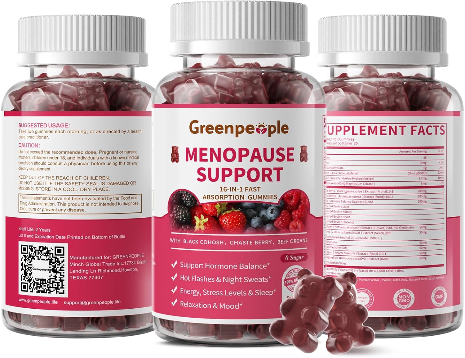 GREENPEOPLE Menopause Supplements for Women Gummies - 16-in-1 Dual Action Menopause Relief W/Black Cohosh, Vitex, Beef Organs for Hormone Balance, Hot Flashes, Night Sweats & Mood, Sugar-Free 60 CT - Image 9