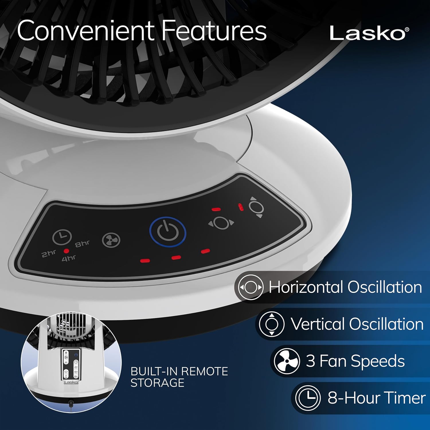 Lasko Whirlwind Orbital Motion Air Circulator Table Fan, 3 Speeds, Timer, Dark Mode, Remote Control for Small and Medium Sized Rooms, White, A12557 - Image 4