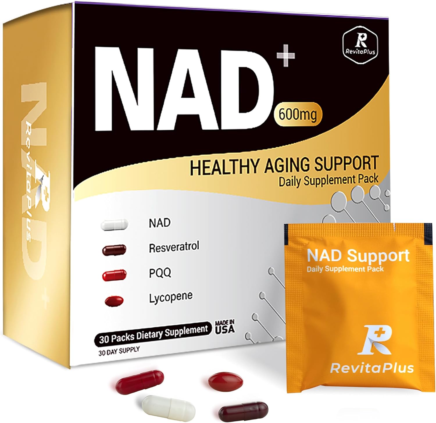 NAD Supplement with Resveratrol, PQQ,Ca-AKG,Nicotinamide,Green Tea, Advanced NAD+ Supplement Daily Pack Support Healthy Mitochondria,Healthy Aging and Cellular Energy for Women & Men 30 Packs