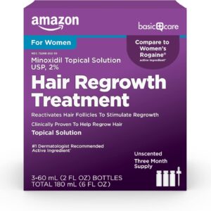 Amazon Basic Care Minoxidil Topical Solution, 2 Percent, Hair Regrowth Treatment For Women, 6 Ounce