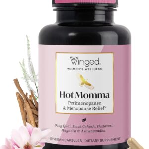 Winged Wellness Hot Momma Menopause Supplements for Women - Hormone-Free Menopause Relief Support for Hot Flashes & Night Sweats with Chaste Tree Berry, Multivitamins & Shatavari - 60 Vegan Capsules