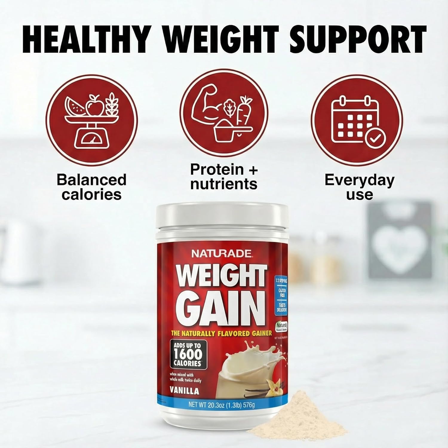 Naturade Weight Gain Nutrition Drink Mix for Healthy Weight Support, Balanced Calories with Protein, Vitamins & Minerals, Vanilla - 20.3 oz - Image 3