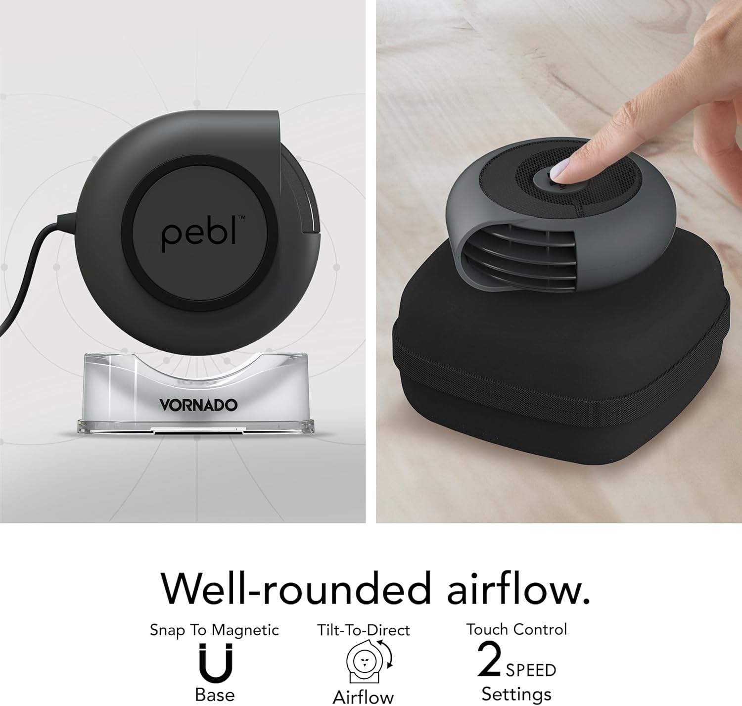 Vornado PEBL PAK Portable USB Desk Fan with Magnetic Base, Neoprene Travel Case Stand, 2 Speed Settings, Adjustable Airflow, Personal Cooling for Office, Home and Travel - Image 3
