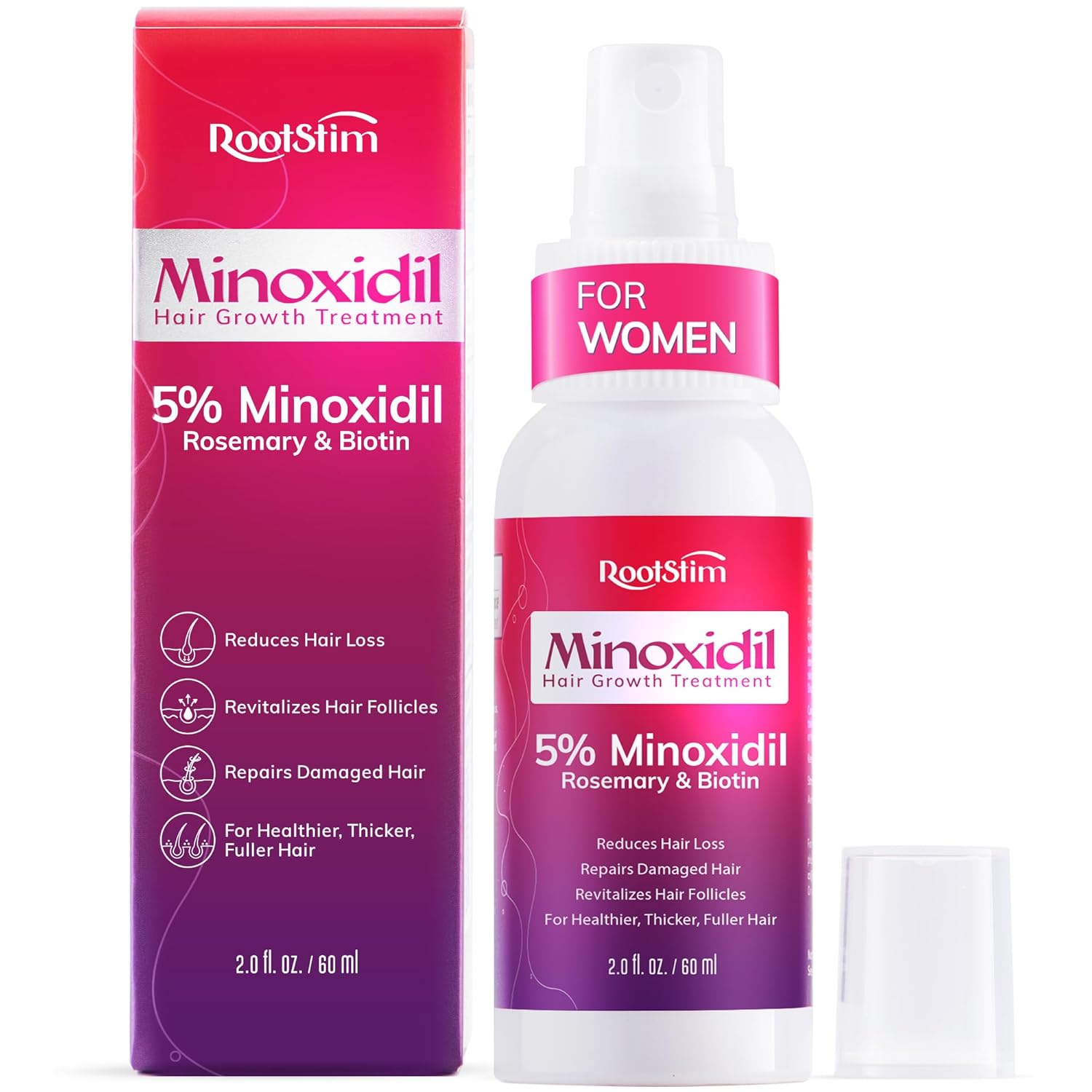 Women's 5% Minoxidil Spray for Hair Growth: RootStim Extra Strength Minoxidil with Rosemary & Biotin for Thinning Hair Regrowth and Fuller Hair - 2 Fl Oz