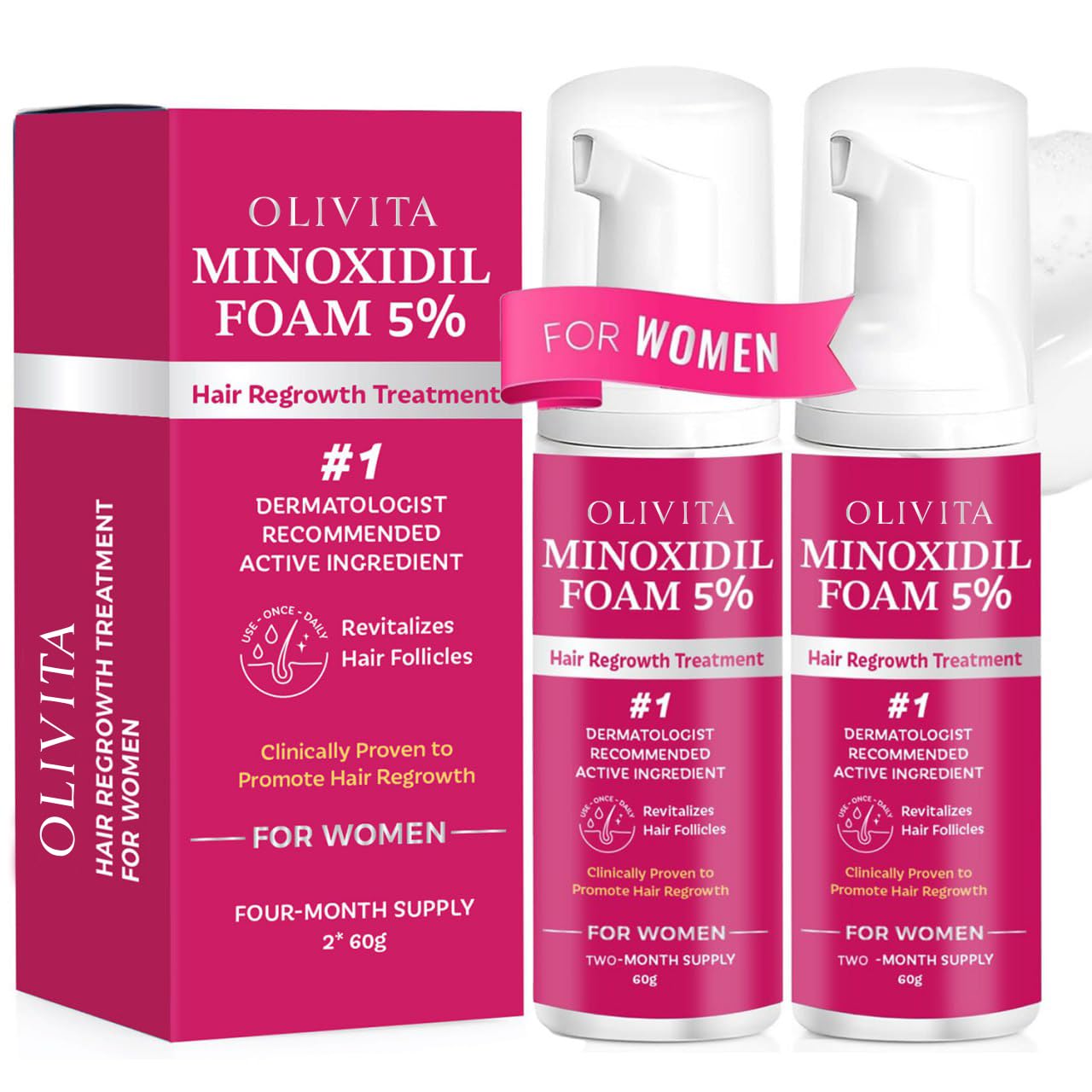 5% Minoxidil Foam for Women Hair Growth: Extra Strength Hair Regrowth Treatment – Revitalize Hair Follicles & Regrow Thicker, Fuller Hair – Hair Loss Solution-2 pack