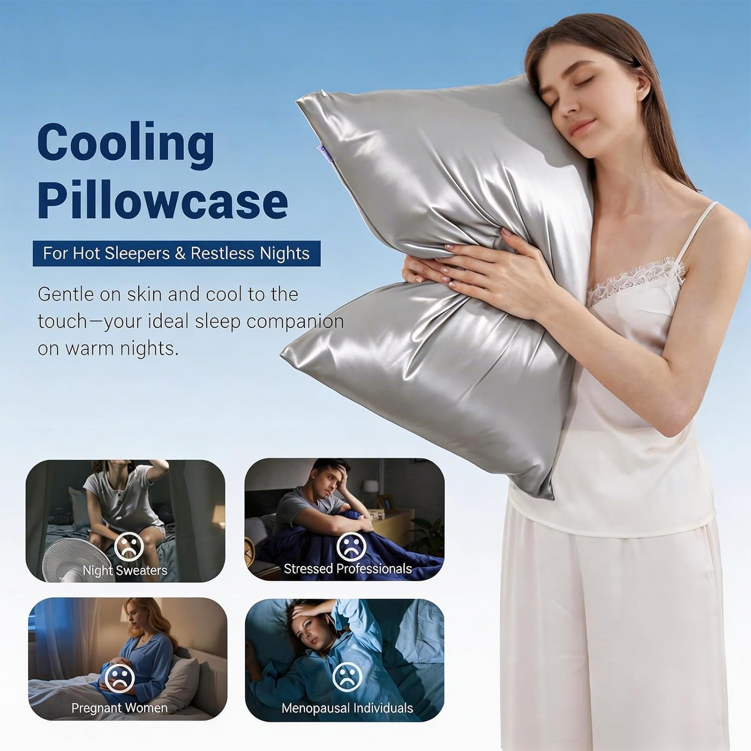 LUXEAR Cooling Pillow Cases for Hot Sleepers, Double-Sided Upgraded Arc-Chill Q-Max > 0.5 Cooling Satin Pillowcase, Silky Soft, Hair & Skin Friendly, Hidden Zipper - Standard, Silver Gray,1 Pack - Image 8