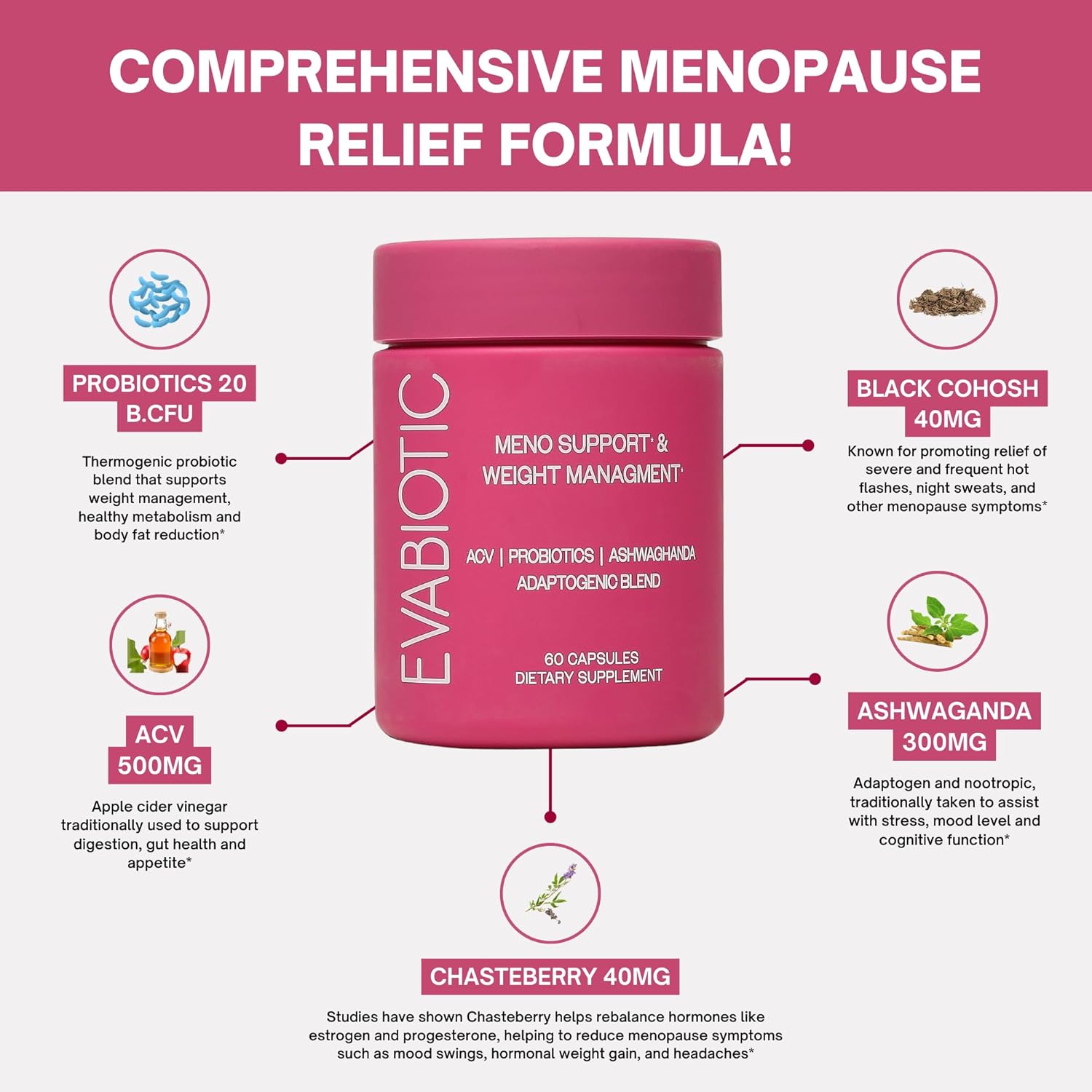 Complete Menopause Vitamins - Ashwaghanda, Probiotics, ACV for Weight Management, Hot Flashes, Night Sweats, Bloat, Hormone Balance - Vegan 60 Caps Menopause Supplements for Women Non-GMO - Image 4