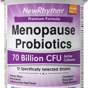 NewRhythm Menopause Probiotics for Women, 7-in-1 Relief, Prebiotics, Black Cohosh Trans-Resveratrol Chasteberry Red Clover Dong Quai, Hot Flashes Night Sweats, No Soy, No Estrogen, 30 Ct