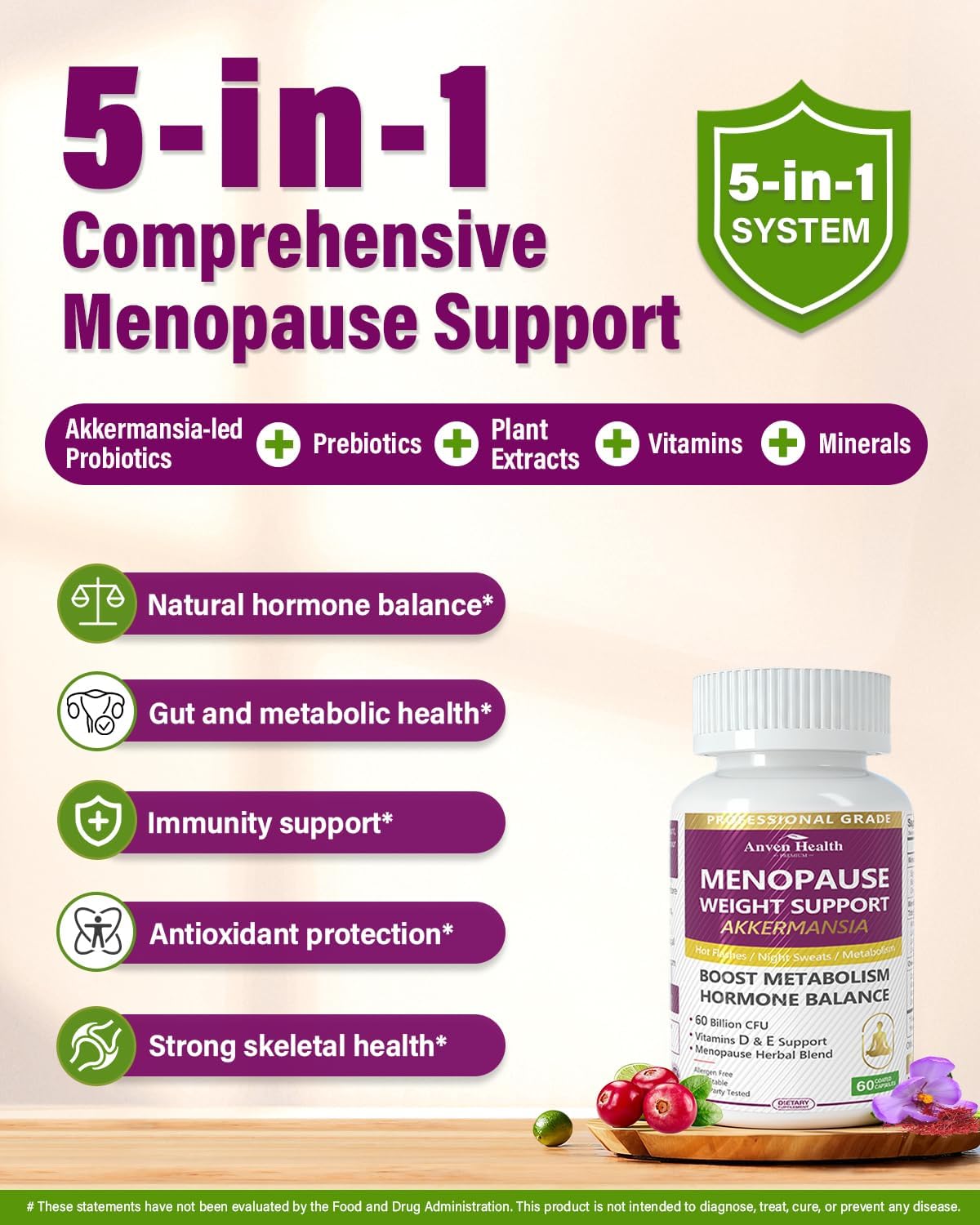 Menopause Supplements for Women 60 Billion with Akkermansia Probiotic & Prebiotic, Vitamin D & E for Hormone Balance, Metabolism, Gut Health Hot Flashes & Night Sweats - Non-GMO | 60 Caps - Image 3