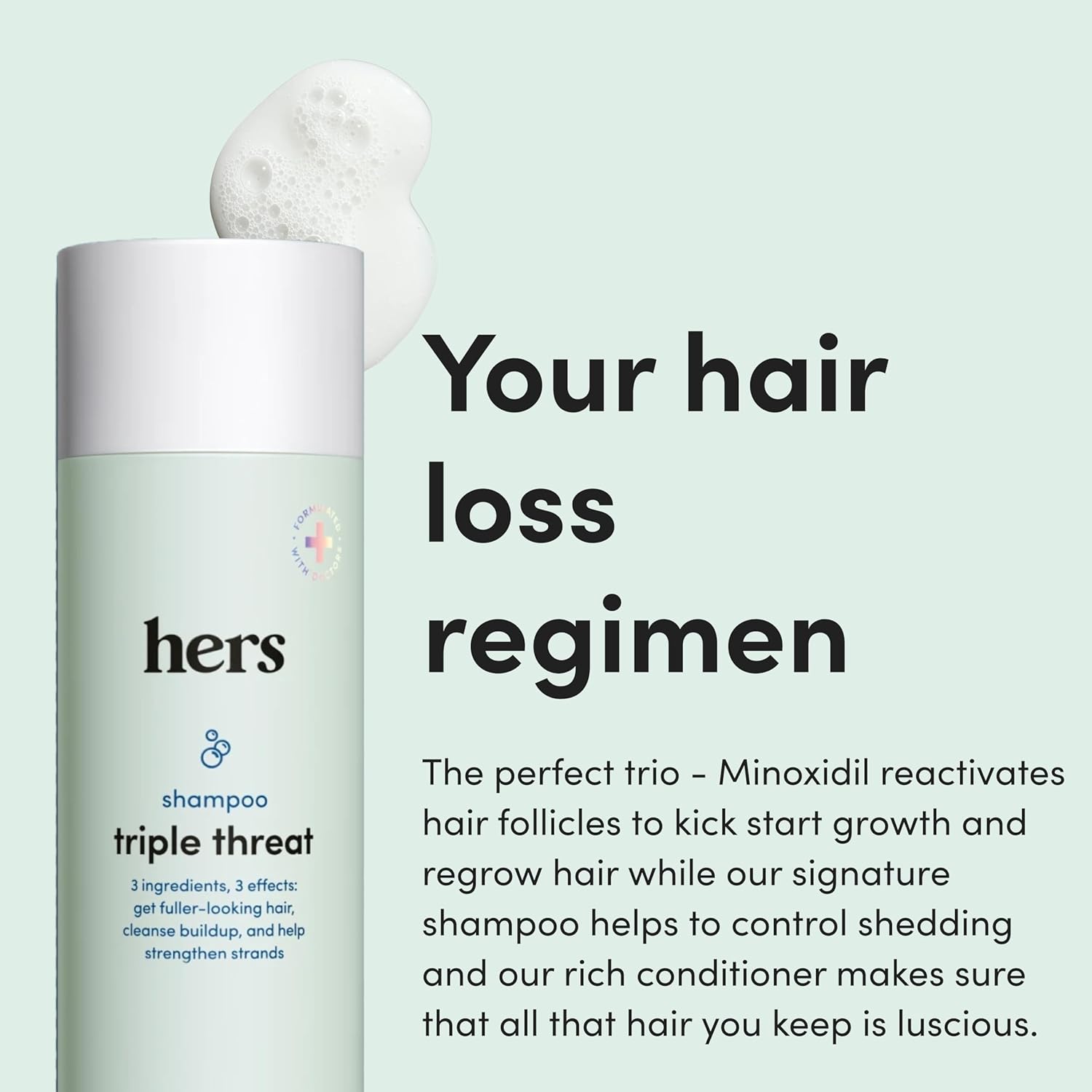 hers Triple Threat Shampoo, Conditioner, and 2% Minoxidil Set - Biotin, Saw Palmetto, & Pumpkin Seed Oil - Supports Hair Regrowth for Women - Color-Safe & Paraben-Free - Napa Rose Scent - 3 Count - Image 2