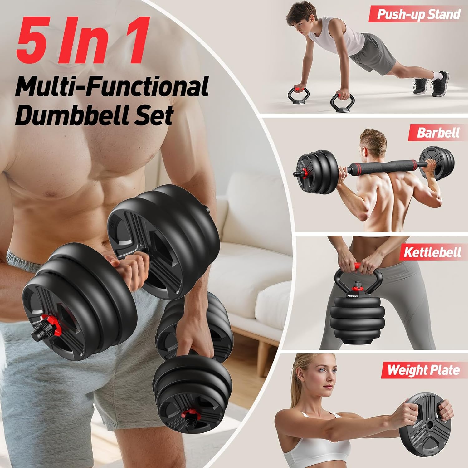 FITPLAM Adjustable dumbbell set,20/35/45/55/70/90lbs Free Weights set with upgraded nut, 5 in 1 Weight Set Used as Kettlebells, Barbell, Push up Stand, Fitness Exercise for Home Gym Suitable Men/Women - Image 2