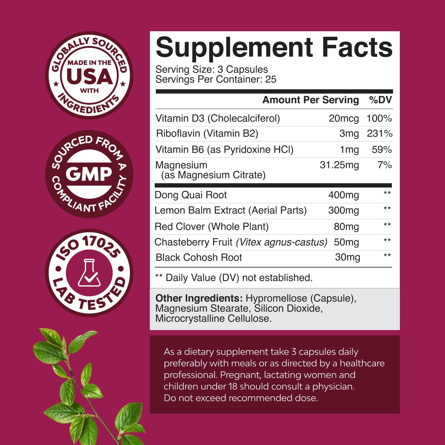 Complete Herbal Menopause Supplement for Women - Soy Free Female Hormone Balance Capsules for Night Sweats Hot Flashes & Mood Swings with Dong Quai, Chaste Berry & Black Cohosh Root - 75 Count - Image 3