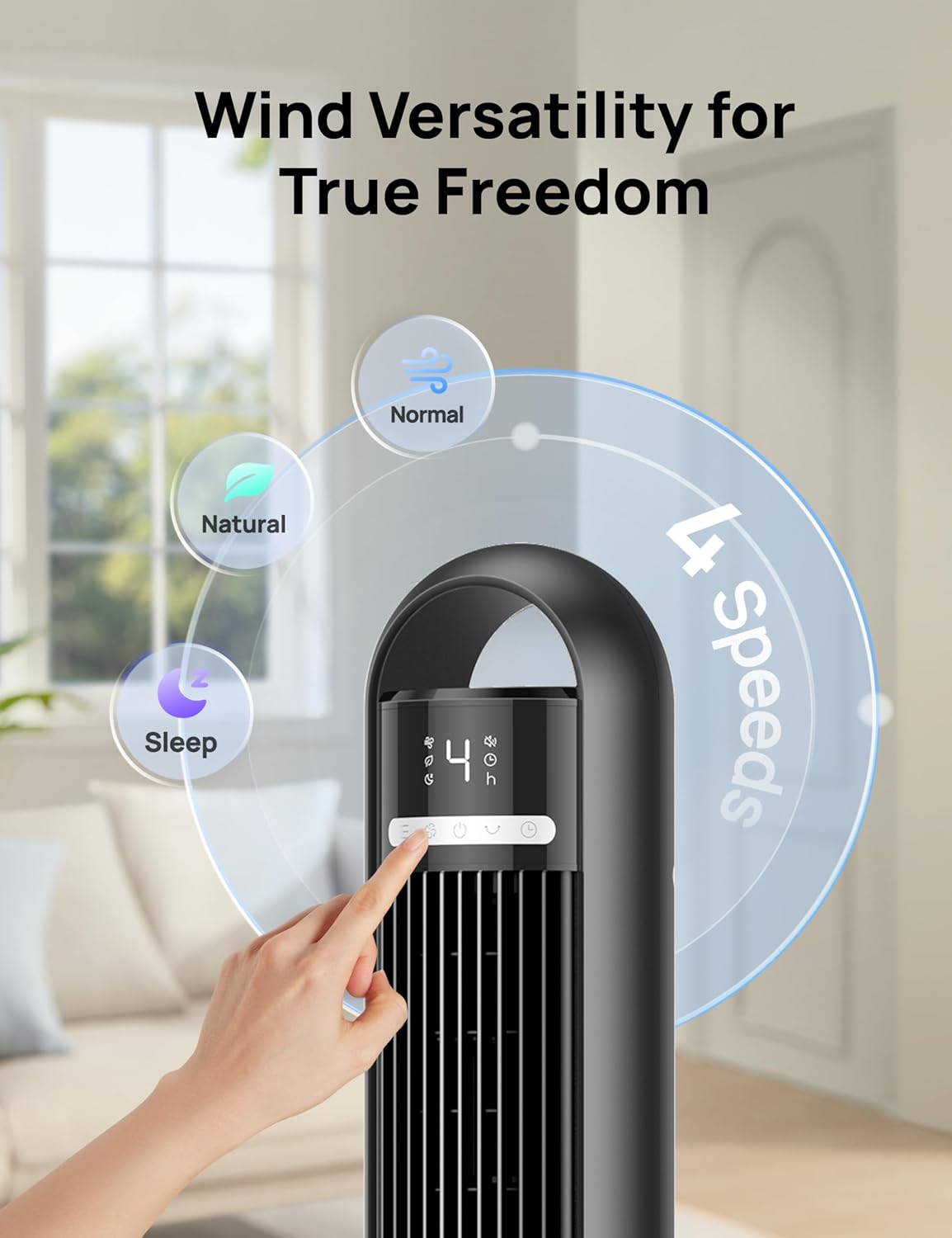 DREO Tower Fan for Bedroom, 90° Oscillating Standing Fans for Room with 4 Speeds, 3 Modes, 28dB Quiet for Sleep, 26ft/s Velocity, 8H Timer, Remote, Living Room, Office, Home, Black - Image 6