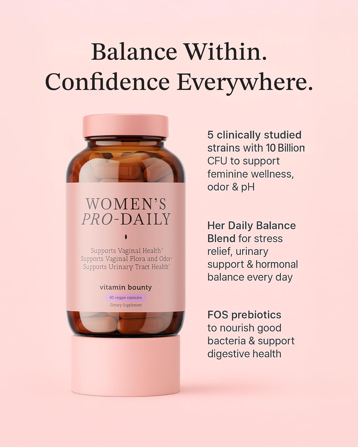 Vitamin Bounty Pro-Daily Vaginal Probiotics for Women – 10 Billion CFU, 5 Strains with Cranberry & Prebiotics – Womens Probiotic for pH Balance, Digestive, Yeast & Urinary Support – 60 Capsules - Image 2