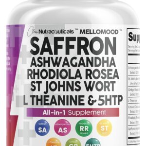 Clean Nutraceuticals Saffron Supplements Extract 100mg + Ashwagandha L-Theanine 200mg - Mood Support Ginkgo Biloba, St. John's Wort, Rhodiola Rosea & 5-HTP Capsules Pills Men Women