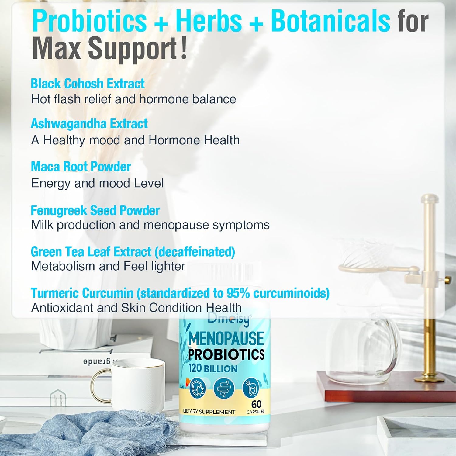 Menopause Supplements for Women, 120 Billion CFU Probiotic, 13-in-1 Herbs Probiotics Complex, for Menopause Relief, Hormone Balance, Hot Flashes, Night Sweats, Mood Swings, Gut & Immunity - 60 Capsule - Image 7