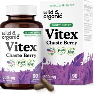 Wild & Organic Vitex Chasteberry Supplement for Women - Peri Menopause Supplements for Women - Vitex Berry Powder Capsules - Chaste Tree Berry Agnus-Castus - Vegan, No Fillers, Non-GMO - 90 Count