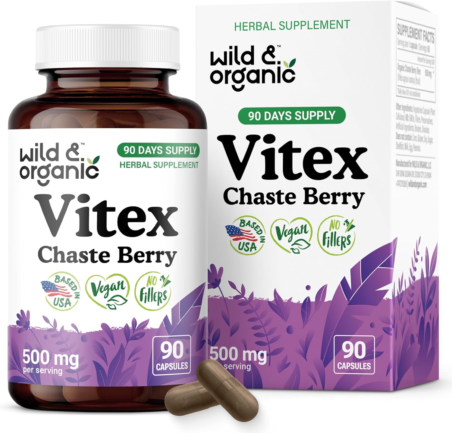 Wild & Organic Vitex Chasteberry Supplement for Women - Peri Menopause Supplements for Women - Vitex Berry Powder Capsules - Chaste Tree Berry Agnus-Castus - Vegan, No Fillers, Non-GMO - 90 Count