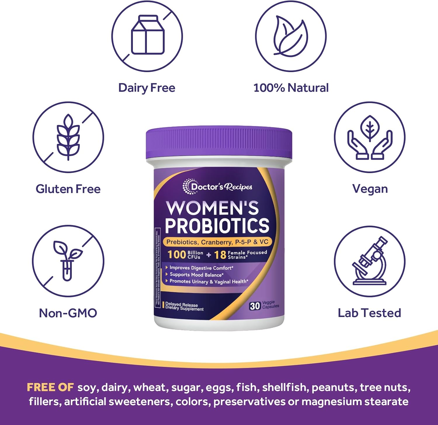 Doctor's Recipes Probiotics for Women, 100 Billion CFU, 18 Probiotic Strains, Prebiotics, Cranberry, P-5-P & VC, Vaginal, Digestive & Immune Support, Shelf-Stable, 30 Vegan Caps - Image 5