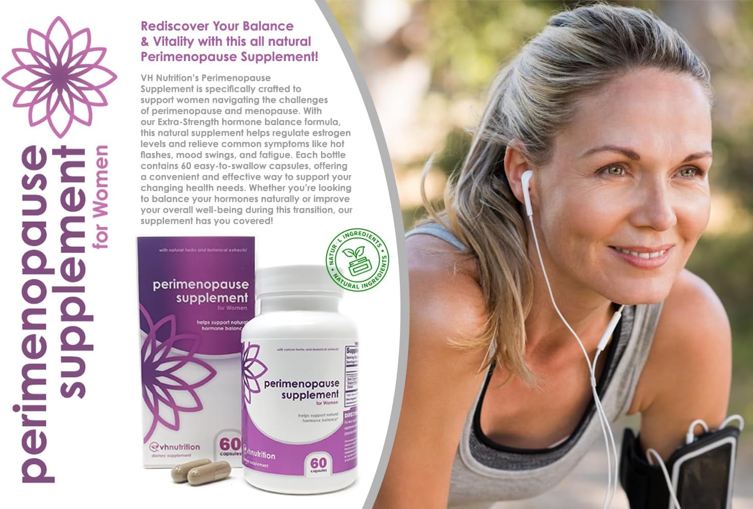 VH Nutrition Perimenopause Supplement for Women | Hot Flash, Mood, and Menstruation Cycle Support | 100% Herbal Formula: Black Cohosh, Vitex, & Shatavari. No Additives, or Fillers - Image 2
