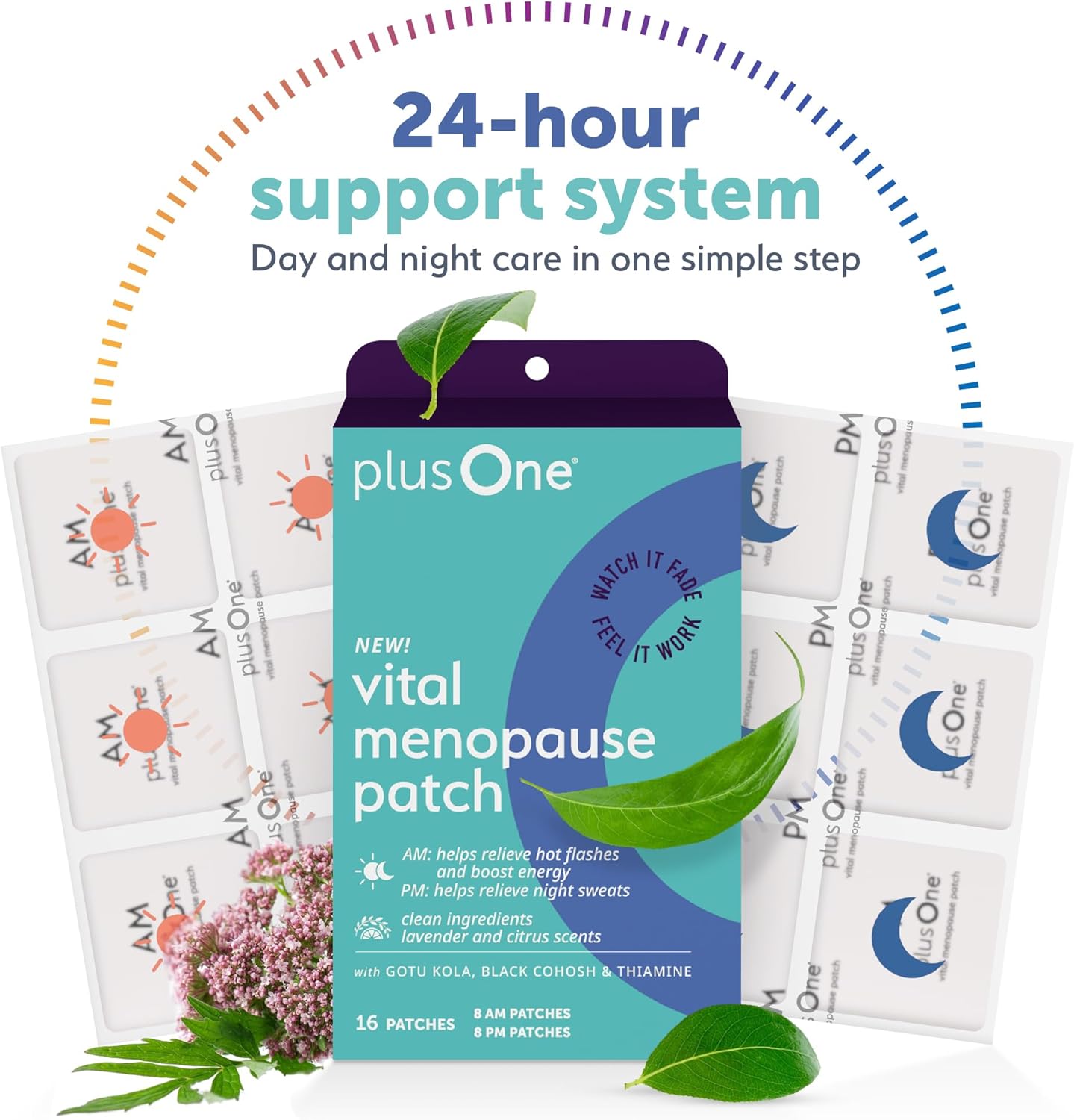 plusOne Vital Menopause Patches AM & PM – Hot Flash & Night Sweat Support – Promotes Energy & Sleep – Herbal Arjuna Daily Patches – 16ct - Image 2