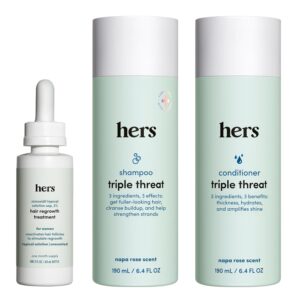 hers Triple Threat Shampoo, Conditioner, and 2% Minoxidil Set - Biotin, Saw Palmetto, & Pumpkin Seed Oil - Supports Hair Regrowth for Women - Color-Safe & Paraben-Free - Napa Rose Scent - 3 Count