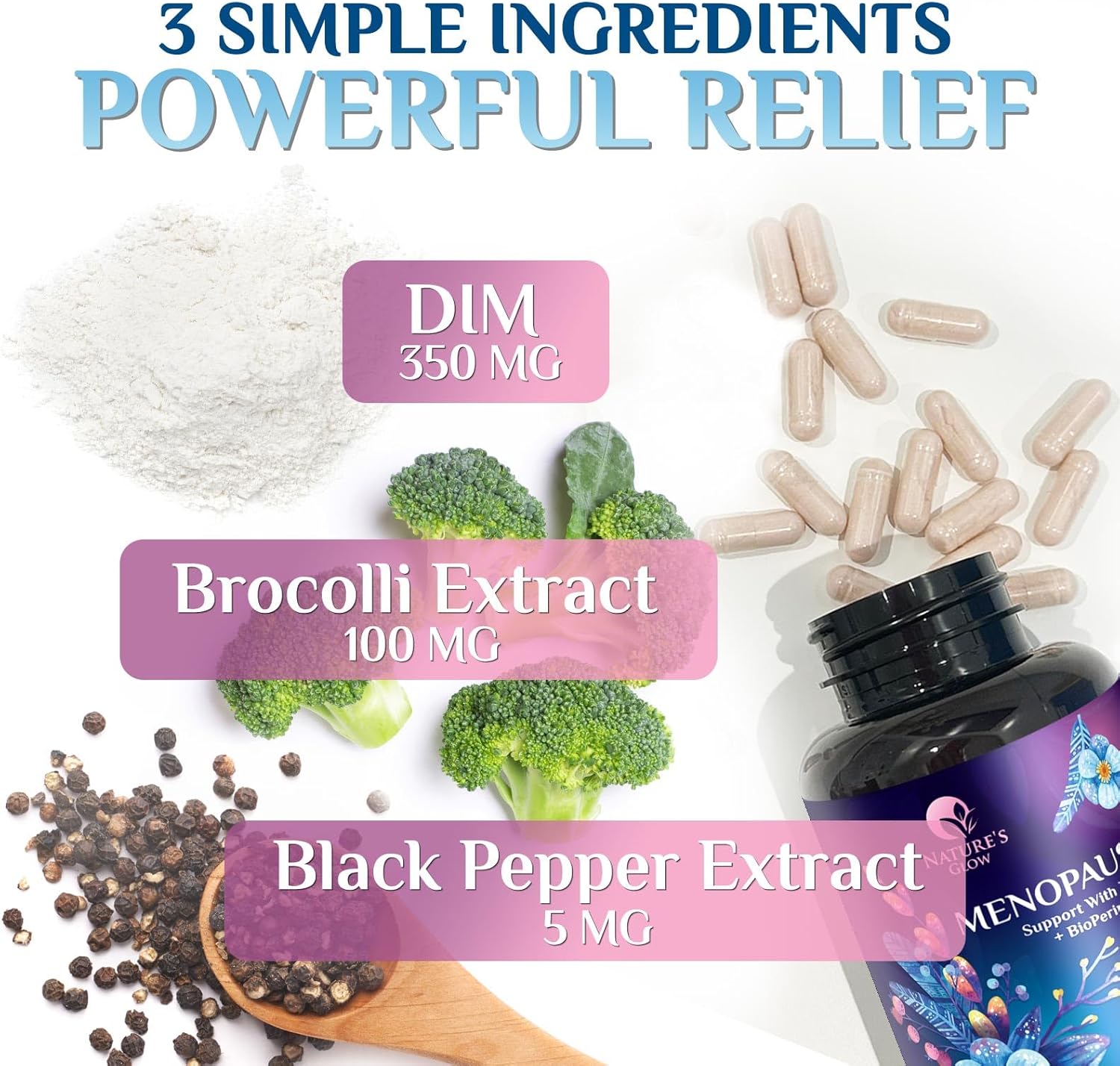 Menopause Supplements for Women - Natural Hormone Support with DIM, BioPerine & Broccoli Extract - Menopause Relief and Balance Antioxidant, for Hot Flashes and Night Sweats Support - 60 Capsules - Image 3