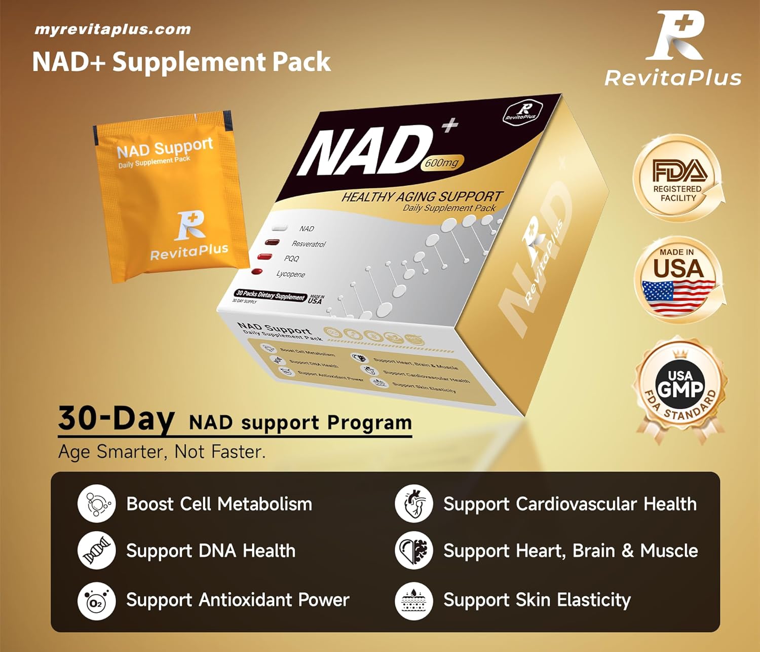 NAD Supplement with Resveratrol, PQQ,Ca-AKG,Nicotinamide,Green Tea, Advanced NAD+ Supplement Daily Pack Support Healthy Mitochondria,Healthy Aging and Cellular Energy for Women & Men 30 Packs - Image 2