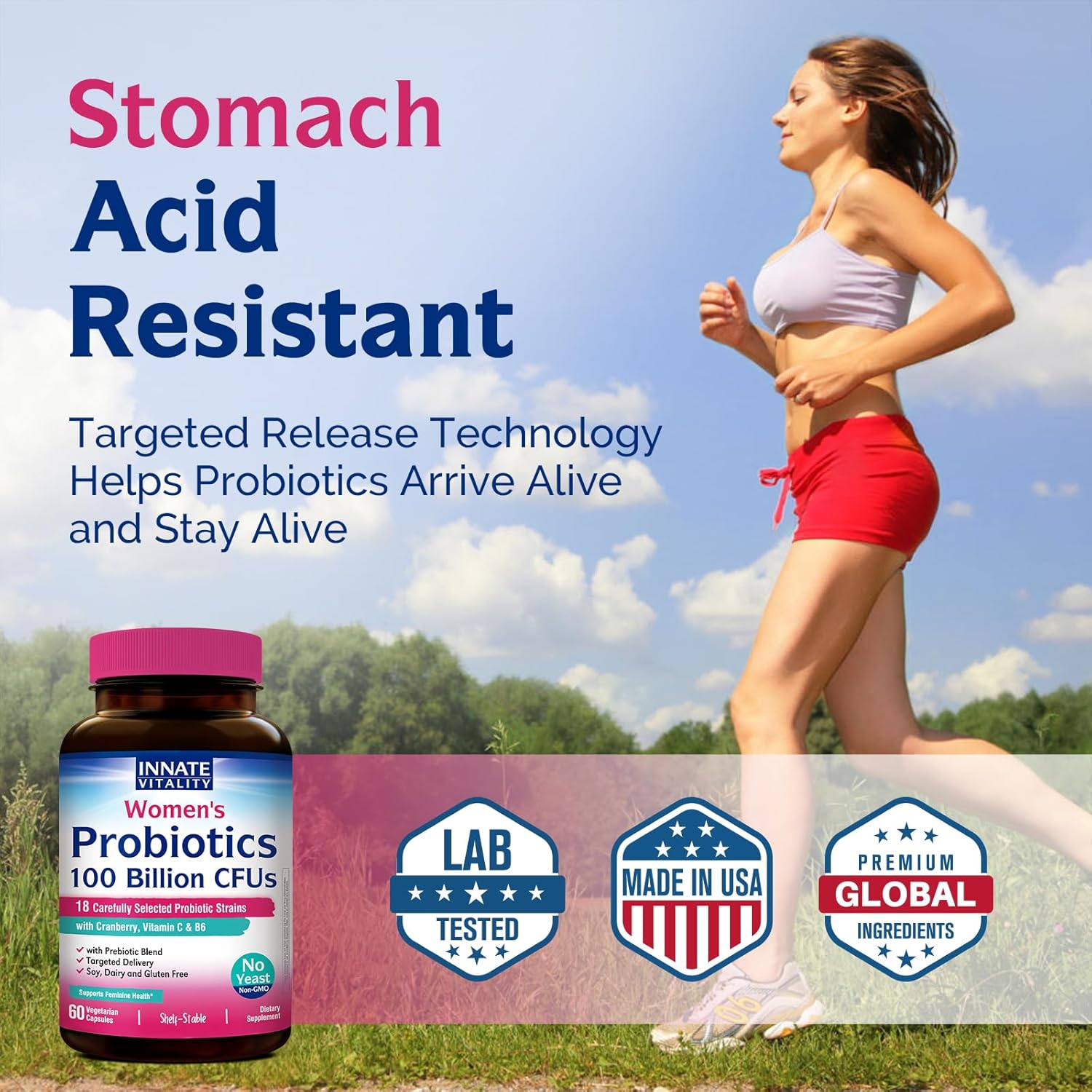 Innate Vitality Probiotics for Women, 100 Billion CFUs 18 Strains, Prebiotics and Probiotics, with Cranberry, Vitamin C & B6 P5P, Vaginal & Digestive Health, Non refrigerated, 60 Caps - Image 6