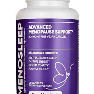 Meno Sleep Menopause Support Supplement: Clinically Proven Ingredients Improve Energy, Mood & Mental Clarity. Magnesium Glycinate, L-Theanine, Ashwagandha, Made in USA, Vegan, Hormone Free 120 Ct