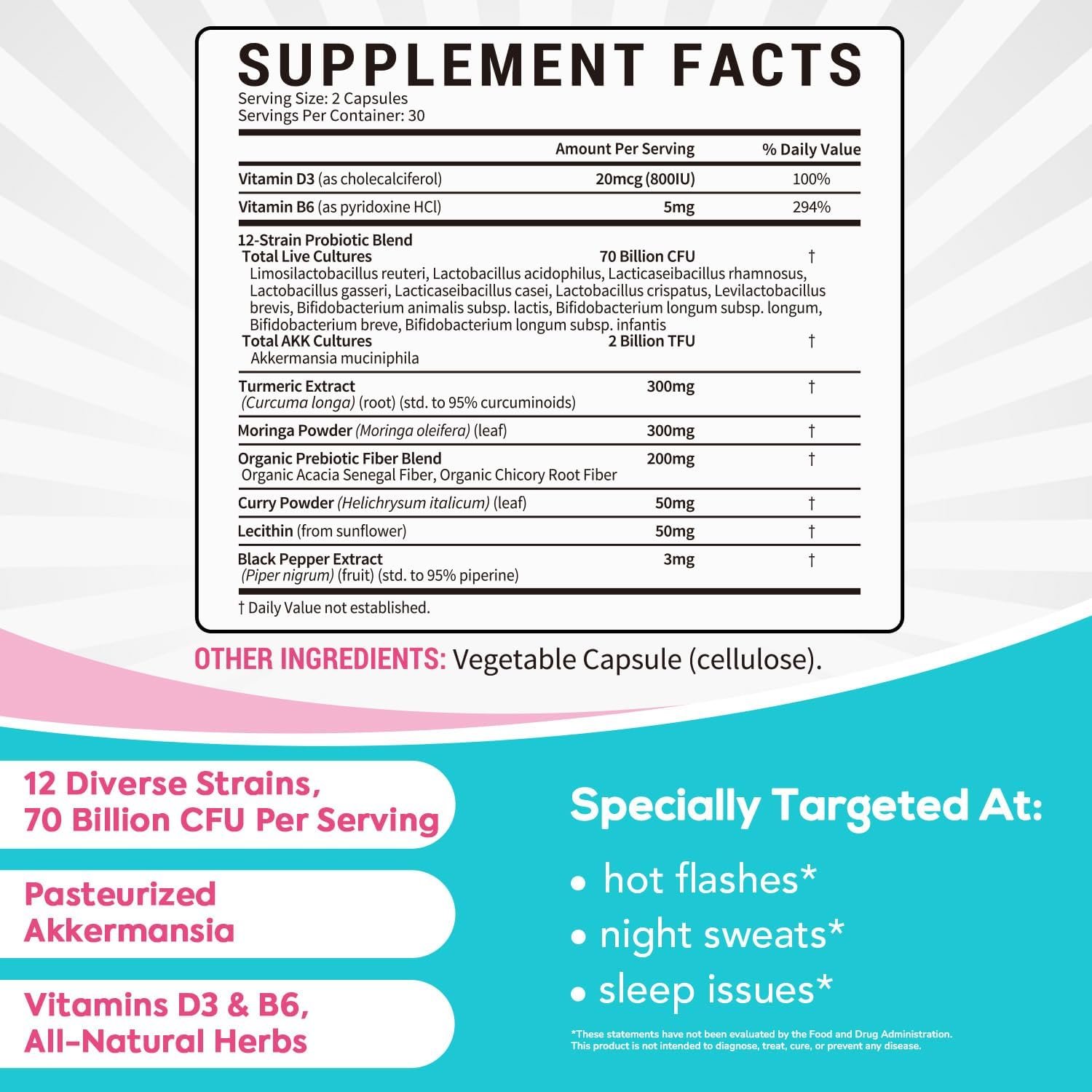 Menopause Probiotic Supplement for Women, 70 Billion CFU, with Akkermansia Muciniphila, Vitamins B6 & D3, Botanicals, for Hormone Balance, Hot Flashes, Night Sweats, Gut Health, 60 Capsules - Image 2